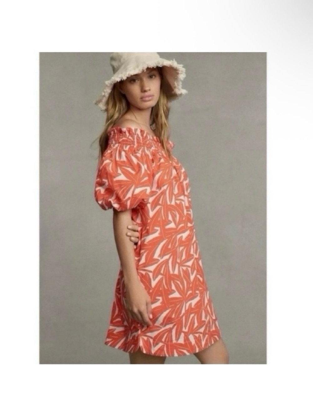 Anthropologie WHIT TWO off shoulder banana leaf tropical puff sleeves dress